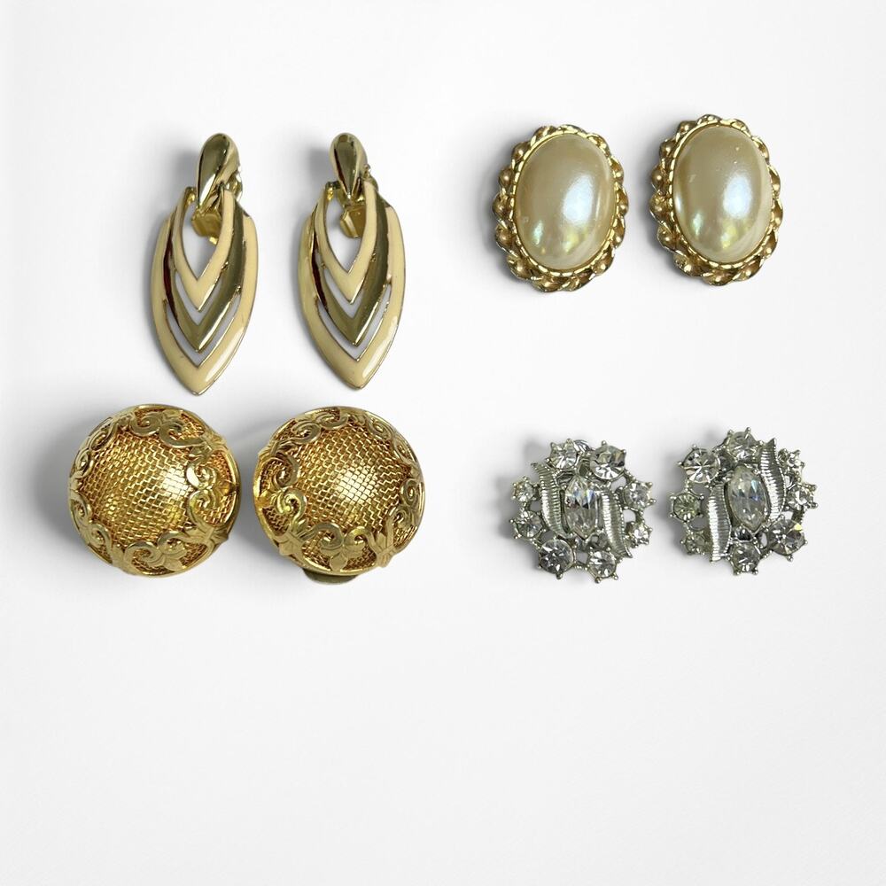 Vintage Clip On Earrings Lot 4 Pairs Rhinestone Cream Cabochon Gold Tone Classic